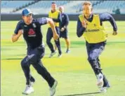  ?? REUTERS ?? England's Dawid Malan (left) and Stuart Broad at nets.