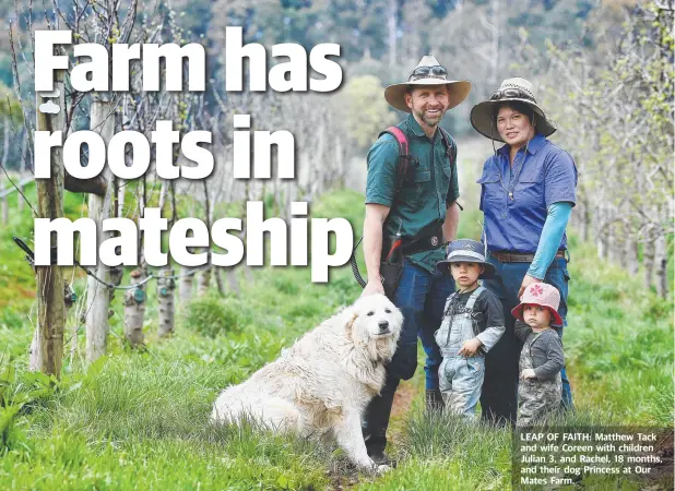  ??  ?? LEAP OF FAITH: Matthew Tack and wife Coreen with children Julian 3, and Rachel, 18 months, and their dog Princess at Our Mates Farm.