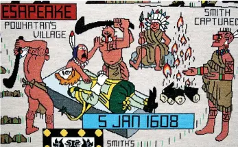  ??  ?? Cartoon like: One tapestry panel depicts Pocahontas saving Captain Smith