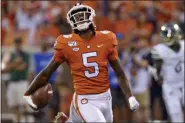  ?? RICHARD SHIRO - THE ASSOCIATED PRESS ?? FILE - In this Sept. 21, 2019, file photo, Clemson’s Tee Higgins reacts after scoring a touchdown during the first half of the team’s NCAA college football game against Charlotte, in Clemson, S.C. Higgins was selected to The Associated Press All-Atlantic Coast Conference football team, Tuesday, Dec. 10, 2019.