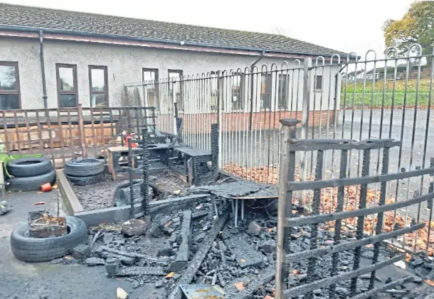 ??  ?? DAMAGE: The play equipment in the outdoor learning area at Pitreavie Primary school in Dunfermlin­e was destroyed by the blaze in October.