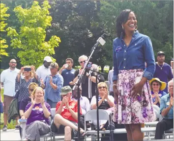  ?? Emilie Munson / Hearst Connecticu­t Media ?? Democrat Jahana Hayes, running for the 5th Congressio­nal District seat being vacated by Rep. Elizabeth Esty, spoke at a unity rally at Minuteman Park in Hartford on Saturday with other Democratic candidates for state and federal office.