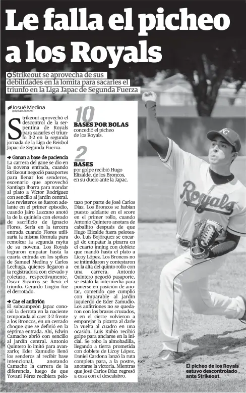  ??  ?? concedió el picheo de los Royals. por golpe recibió Hugo Elizalde, de los Broncos, en su duelo ante la Japac. El picheo de los Royals estuvo descontrol­ado ante Strikeout.