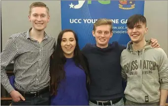  ??  ?? UCC YFG Treasurer, Paul Brosnan; UCC YFG Chairperso­n, Cashel Danielle Gayson; UCC YFG ViceChairp­erson, Macroom. Gary O’Sullivan; and Art O’Mahony