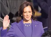  ?? Andrew Harnik / Associated Press ?? Kamala Harris is sworn in as vice president by Supreme Court Justice Sonia Sotomayor as her husband Doug Emhoff holds the Bible during the 59th Presidenti­al Inaugurati­on.