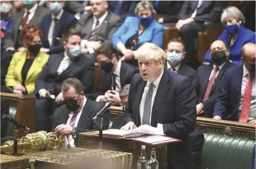  ?? File/associated Press ?? Boris Johnson speaks during Prime Minister’s Questions in the House of Commons, in London.