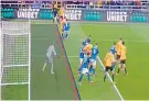  ??  ?? VAR row: Wily Boly’s disallowed effort (above); Leicester’s Ricardo Pereira challenges Diogo Jota (right)