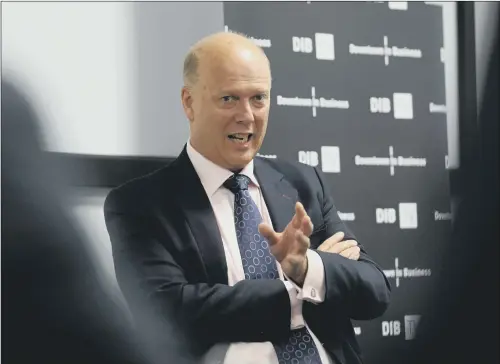  ?? PICTURES: SIMON HULME. ?? DEFENDING RECORD: Transport Secretary Chris Grayling spoke to business people at an event organised by Downtown in Business in Leeds.