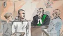  ?? PHOTO: AP ?? In this courtroom sketch, duty counsel Georgia Koulis, from left, Alek Minassian, Justice of the Peace Stephen Waisberg and Crown prosecutor Joe Callaghan appear in court in Toronto yesterday. The 25-year-old suspect, Minassian, faces murder charges in...