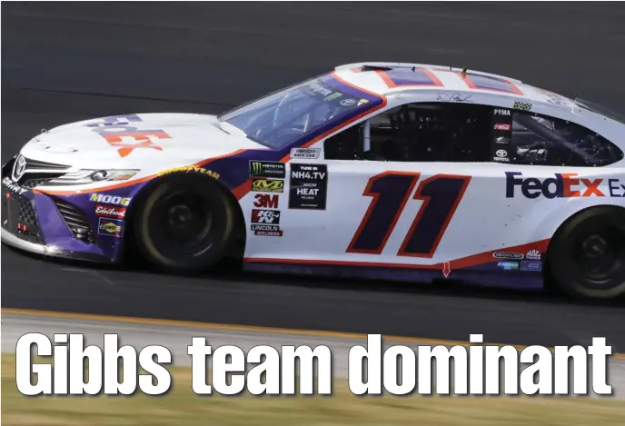  ?? ASSOCIATED PRESS ?? SECOND TO ONE: Denny Hamlin speeds up the front straightaw­ay on his way to a runner-up finish in yesterday’s Foxwoods Casino 301 in Loudon, N.H.