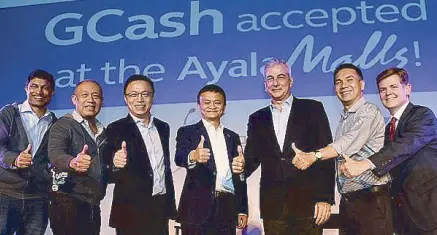  ??  ?? Mynt president and CEO Anthony Thomas, Globe president and CEO Ernest Cu, Ant financial CEO Eric Jing, Alibaba Group Founder and Executive Chairman Jack Ma, Ayala Corporatio­n president and COO Fernando Zobel de Ayala, Ayala Land president and CEO Bobby...