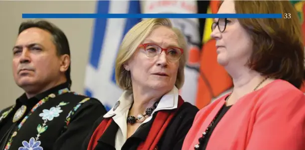  ?? Matt Usherwood, iPolitics photo ?? National Chief of the Assembly of First Nations Perry Bellegarde, Minister of Crown-Indigenous Relations and Northern Affairs Carolyn Bennett and Minister of Indigenous Services Jane Philpott take part in a press conference during a two-day emergency...