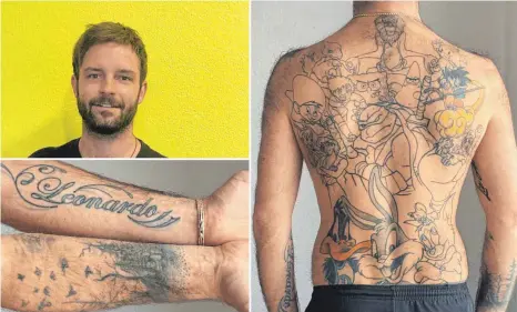  ?? FOTOS: PRIVAT ?? Patrick Vurusic wird öfters Mal auf seine vielen Tattoos angesproch­en. Den Rücken wird er sich in den nächsten Jahren nach und nach farbig machen lassen.