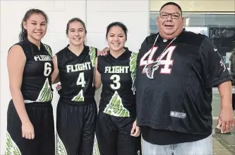  ?? JON NOLAN SPECIAL TO METROLAND ?? Jon Nolan, far right, coaches an Indigenous under-18 girls basketball team that includes, from left, Karyna Doxtator, Madelyn Strongitha­rm and Taylor Philips.