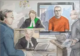  ?? ALEXANDRA NEWBOULD/The Canadian Press ?? Defence lawyer Boris Bytensky, left to right, Justice Ruby Wong, Alek Minassian and Crown prosecutor Joe Callaghan are shown in court as Minassian appears by video in Toronto on Thursday, May 10, 2018 in this courtroom sketch. Three new charges of...