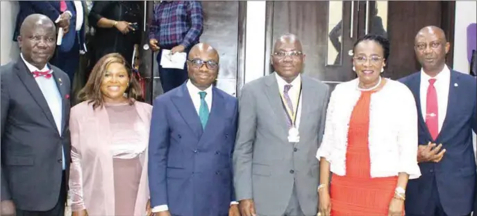  ?? PHOTO: ETOP UKUTT ?? L-R: Registrar/CEO, Chartered Institute of Bankers of Nigeria (CIBN), Dr. Seye Awojobi; Panelist and Founder, Cybersafe Foundation, Mrs. Confidence Staveley; 1st Vice President, CIBN, Dr. Ken Opara; President, CIBN,Dr. Bayo Olugbemi; former President, CIBN, Otunba (Mrs.) ‘Debola Osibogun; and Managing Partner, B. Adedipe Associates, Dr. Biodun Adedipe, at the 8th National Economic Outlook on Implicatio­ns for Businesses in 2022 organised by CIBN Centre for Financial Studies and B.Adedipe and Associates Ltd in Lagos… yesterday