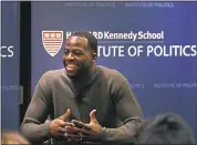  ?? BARRY CHIN — THE BOSTON GLOBE VIA AP ?? The Warriors’ Draymond Green talks at Harvard University’s Kennedy School on Thursday — just his latest forum as he continues to speak out on social-justice issues.