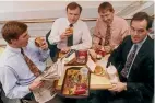  ??  ?? National’s brat pack of the 1990s – English, Roger Sowry, Nick Smith and Tony Ryall – wolf down McDonald’s, echoing photos of a group of Labour MPs eating fish and chips a decade earlier.