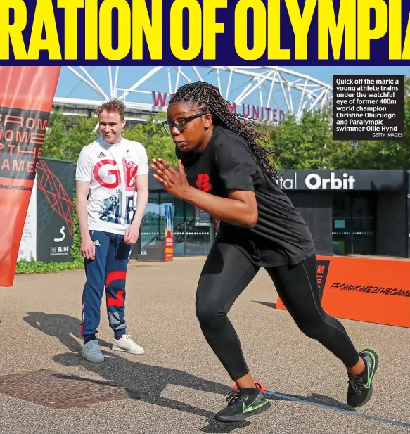  ?? GETTY IMAGES ?? Quick off the mark: a young athlete trains under the watchful eye of former 400m world champion Christine Ohuruogo and Paralympic swimmer Ollie Hynd