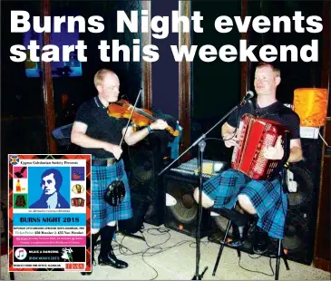  ??  ?? Stephen and Graeme Mackay at the Montenegro’C Sports Bar and Restaurant in Karşıyaka in November. Inset, a poster for Burns Night 2018.