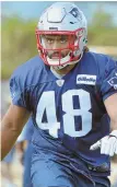  ?? StaFF pHOtO by CHrIS CHrIStO ?? LOOK OF INTENSITY: Rookie linebacker Harvey Langi loosens up yesterday as he prepares for his Patriots debut tomorrow.