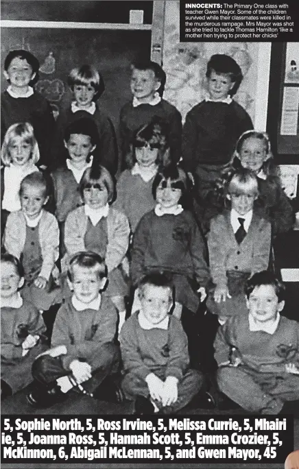  ??  ?? INNOCENTS: The Primary One class with teacher Gwen Mayor. Some of the children survived while their classmates were killed in the murderous rampage. Mrs Mayor was shot as she tried to tackle Thomas Hamilton ‘like a mother hen trying to protect her chicks’