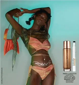  ??  ?? FENTY ILUMINADOR CORPORAL BODY LAVA (EN SEPHORA). MILK MAKEUP STAMP TATTOO (EN SEPHORA).