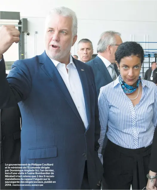  ?? PHOTO D’ARCHIVES, AGENCE QMI ?? Le gouverneme­nt de Philippe Coulliard et le ministère de l’économie dirigée par Dominique Anglade (ici, l’an dernier, lors d’une visite à l’usine Bombardier de Mirabel) n’ont retenu que 2 des 9 recommanda­tions du rapport Séguin sur la sauvegarde des sièges sociaux, publié en 2014.