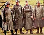  ?? ?? Left: A group of NSKK-trained Army motorcycle dispatch riders, their fulllength leather coats can be buttoned round their legs while driving