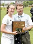  ?? Bud Sullins/Special to the Herald-Leader ?? Siloam Springs junior Audrey Maxwell is presented the Class 6A state championsh­ip MVP award Friday after scoring three goals in a 6-1 win against Russellvil­e.