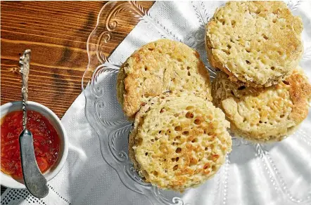  ??  ?? Crumpets are a simple way to create something delicious from a sourdough starter discard.
