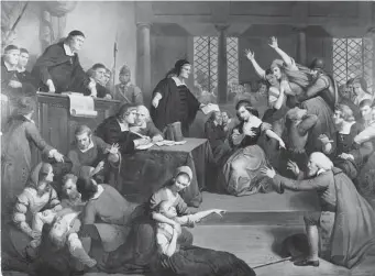  ?? Douglas Grundy/Getty Images ?? People fainting and causing disorder in a courtroom during the trial of suspected witch, George Jacobs, in 1692.