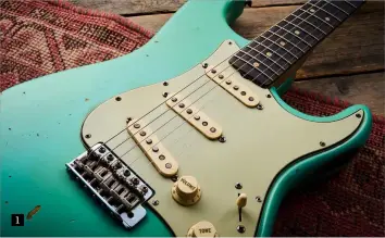  ?? ?? 1
1. This Foam Green 1963 Strat is one of the rarer colours available in that period and was applied in the factory over a sunburst. Specialist suppliers can help you match these iconic hues however