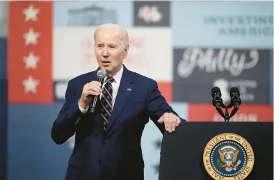  ?? MATT ROURKE/AP ?? President Joe Biden speaks about his 2024 proposed budget Thursday at the Finishing Trades Institute in Philadelph­ia.