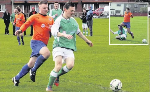  ??  ?? Conwy Borough’s Matt Cassidy (main pic – tangerine shirt) was on target against Machno United on Saturday, while Olly Walters (inset) scored at both ends