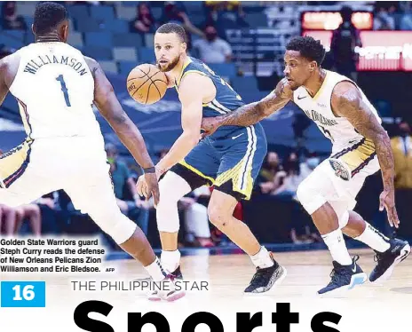  ?? AFP ?? Golden State Warriors guard Steph Curry reads the defense of New Orleans Pelicans Zion Williamson and Eric Bledsoe.