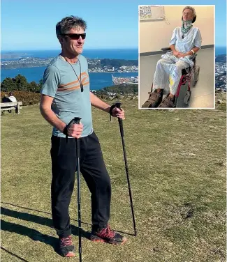  ??  ?? Andrew Leslie at the summit of Wellington’s Mt Kaukau, which he was determined to conquer again after his accident. Inset, Leslie in hospital after becoming a tetraplegi­c on March 19, 2020.