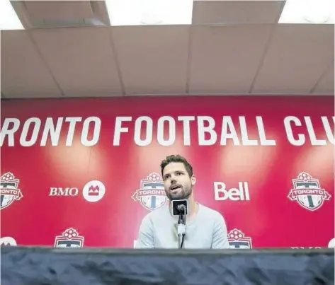  ?? ERNEST DOROSZUK/ POSTMEDIA NETWORK ?? Toronto FC defender Drew Moor speaks to the media on Tuesday in Toronto. TFC have locked up the veteran Moor to a one- year contract extension plus an option.