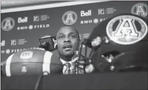  ?? Canadian Press photo ?? Toronto Argonauts new head coach Corey Chamblin speaks to the media in Toronto on Monday.