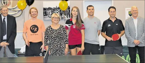  ??  ?? Brian Fuller, Gavin Rumgay, Sandra Deaton, Anna Virogonova, Will Wrapson, Ryan Jenkins and umpire David Clapperton at Maidstone & District Table Tennis Associatio­n’s 100-year grand dinner and internatio­nal exhibition match