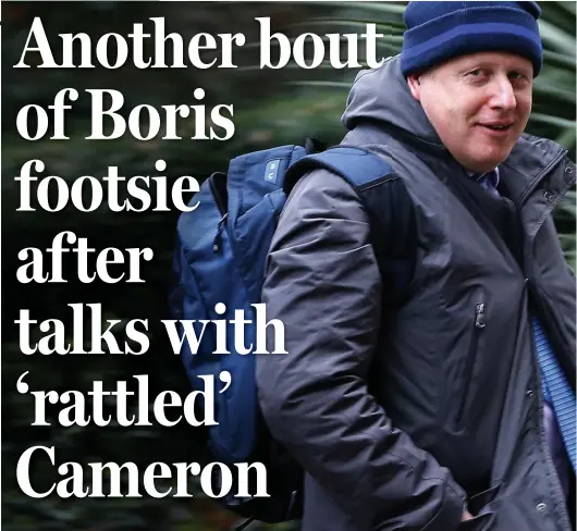  ??  ?? A ‘genuinely conflicted’ Boris Johnson leaving Downing Street yesterday after 40 minutes of talks with David Cameron