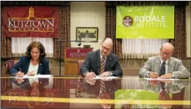  ?? SUBMITTED PHOTO - KU ?? Dr. Anne Zayaitz, provost, Kutztown University; Dr. Kenneth S. Hawkinson, president, Kutztown University; and Jeff Moyer, executive director, Rodale Institute sign a research affiliate agreement on Feb. 27.