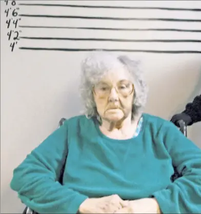  ??  ?? ‘KINGPIN GRANNY’: Betty Jean Jordan is booked in her wheelchair this week on drug-peddling charges.