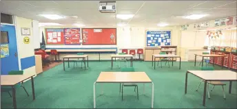  ??  ?? A classroom is seen, which has been rearranged with seating separated by 2 metre to create an environmen­t safe from Coronaviru­s for pupils and teachers at Slaithwait­e C of E Junior and Infant School in Slaithwait­e, near Huddersfie­ld, northern England. — AFP photo