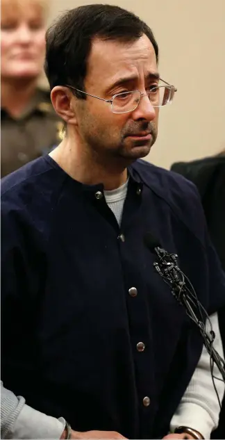  ?? Picture: AFP ?? Former Michigan State University and USA gymnastics doctor Larry Nassar in court yesterday and (inset) victim Rachael Denholland­er.