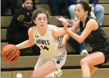  ?? MATTHEW B. MOWERY — MEDIANEWS GROUP, FILE ?? Ortonville Brandon’s Riley Abney, left, is among the players named firstteam all-state in Division 2by the Associated Press after a 2023-24 senior season that left her as Brandon’s all-time leading scorer.