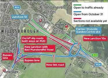  ??  ?? This map shows which roads will be usable at Junction 10a by Thursday, October 31 after Highways England fast-tracked work