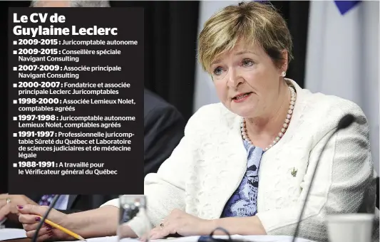  ?? PHOTO D’ARCHIVES, SIMON CLARK ?? Lundi, le gouverneme­nt a confié un mandat de vérificati­on à Guylaine Leclerc (photo) à la suite des allégation­s de l’analyste Annie Trudel et du député Guy Ouellette, dont l’arrestatio­n la semaine dernière par l’UPAC a ébranlé la classe politique.