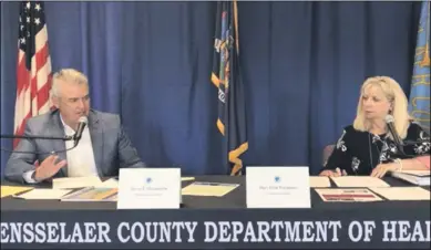  ?? SCREENSHOT PHOTO ?? Rensselaer County Executive Steve McLaughlin and Rensselaer County Public Health Director Mary Fran Wachunas provide a COVID-19update Monday afternoon.