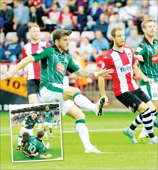  ?? PICTURES: Pro Sports ?? Graham Carey (10) of Plymouth Argyle scores a goal to give the visitors a 0-1, cele inset